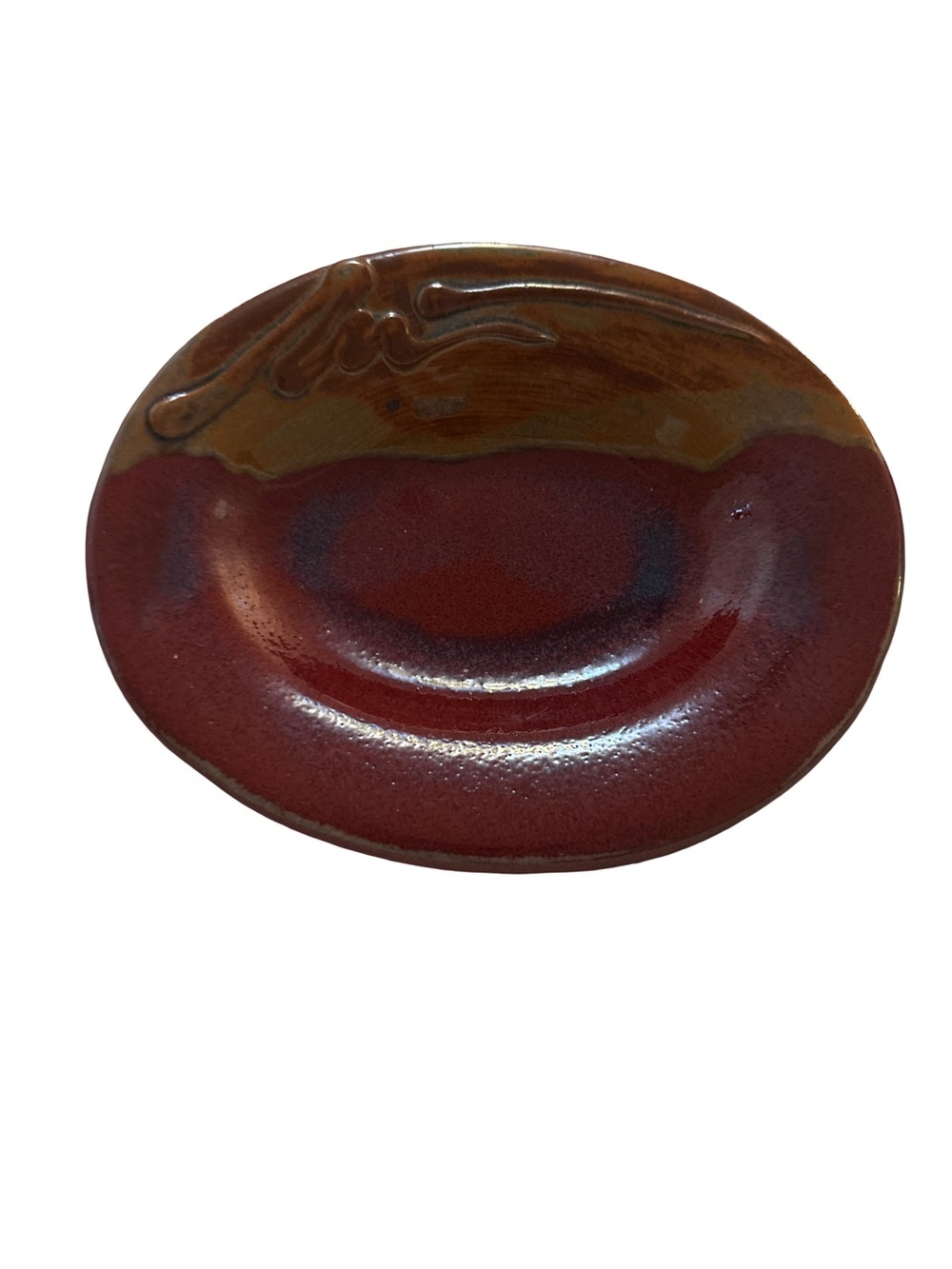 Pottery Plate in Red Oxblood. 6” Abstract Mountain Base EUC